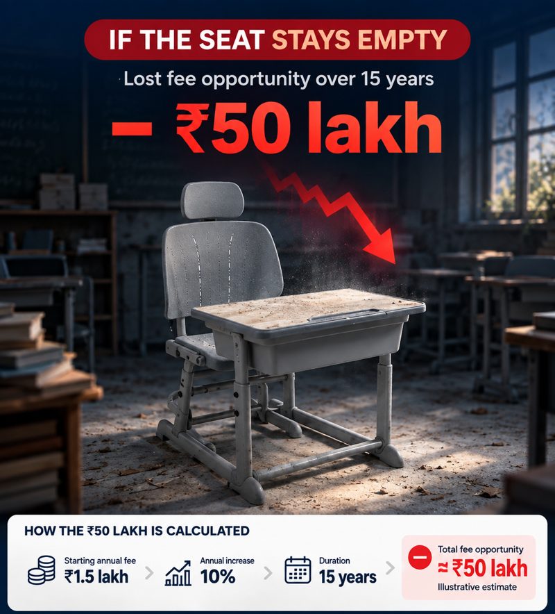 If the seat stays empty: about ₹50 lakh in lost fees over 15 years.