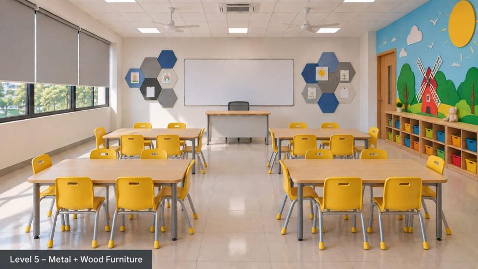 Level 5 classroom: Metal + wood furniture