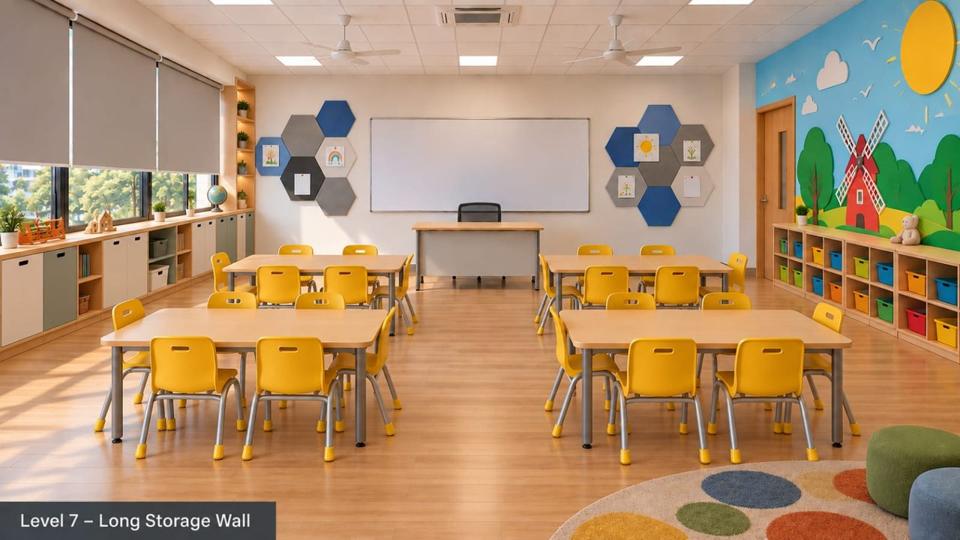 Level 7 classroom: Long storage wall