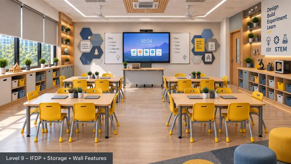Level 9 classroom: IFPD + storage + wall features