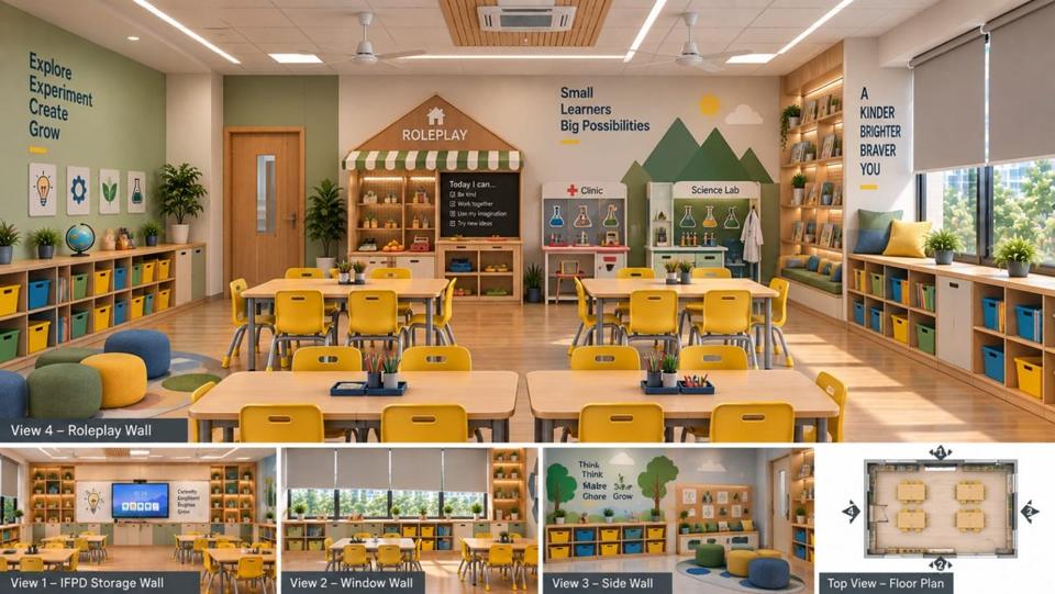 Level 11 classroom: Learning zones + roleplay wall